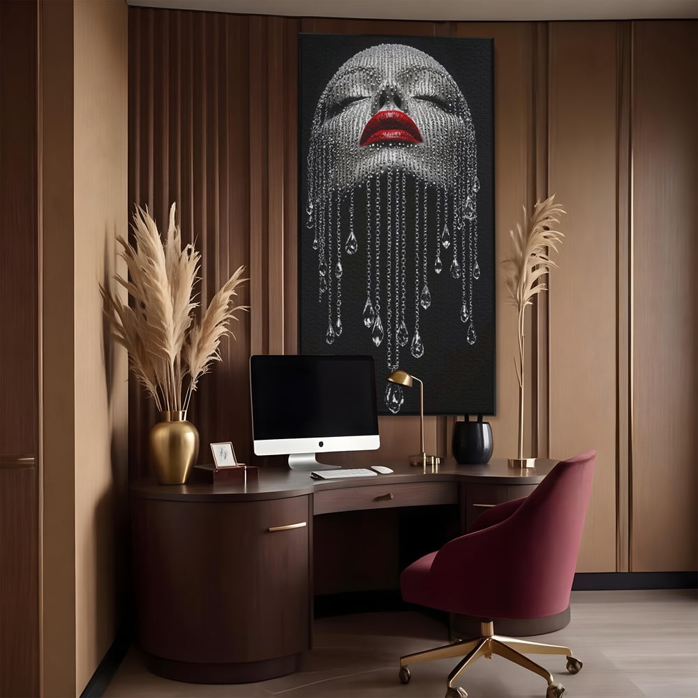 Tablou canvas cu tablou portret femeie cu cristale si buze rosii, in rama de aluminiu negru, pe perete intr-un birou
